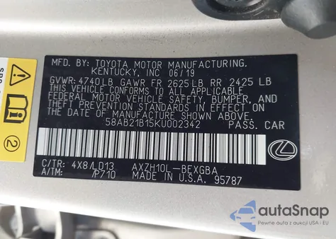 2019 Lexus Es 300H z USA, uszkodzony, nr VIN 58AB21B15KU002342